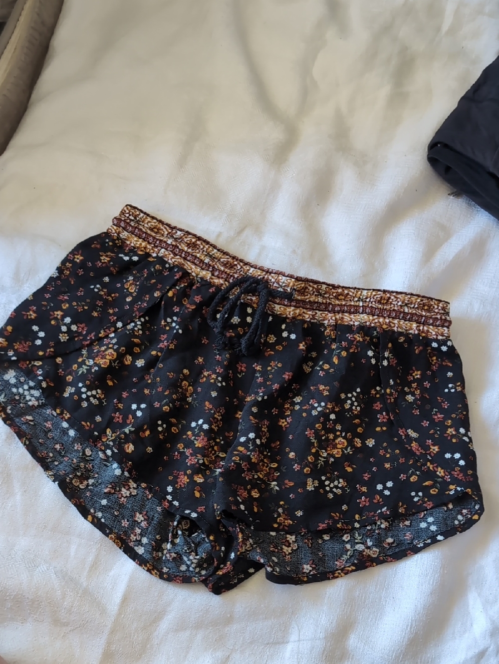 Black Floral Drawstring Shorts